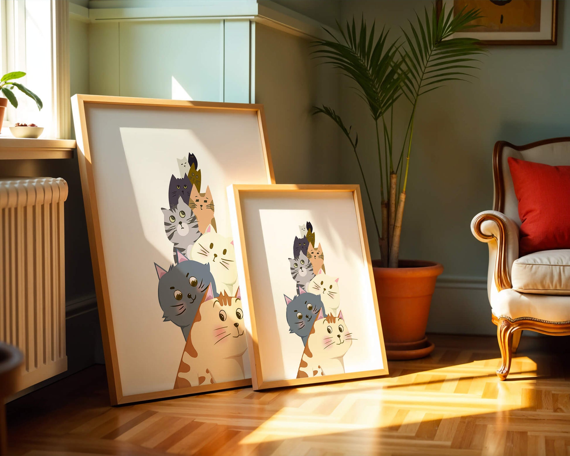 Stack of adorable cartoon cats with diverse patterns and colors