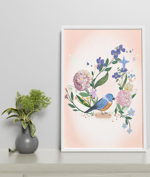 Delightful illustration of a bird amidst colorful flowers on a soft pink background