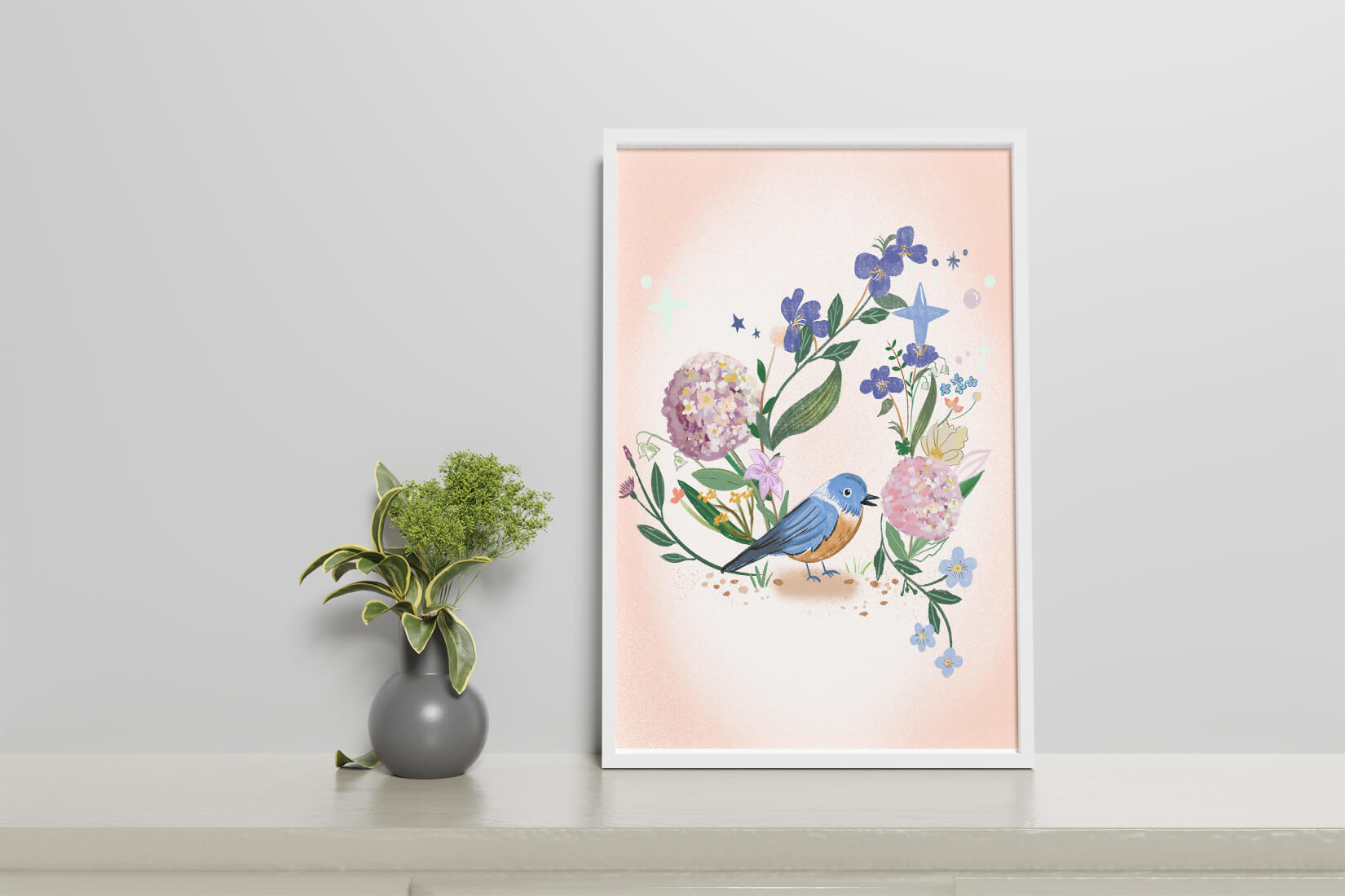 Delightful illustration of a bird amidst colorful flowers on a soft pink background