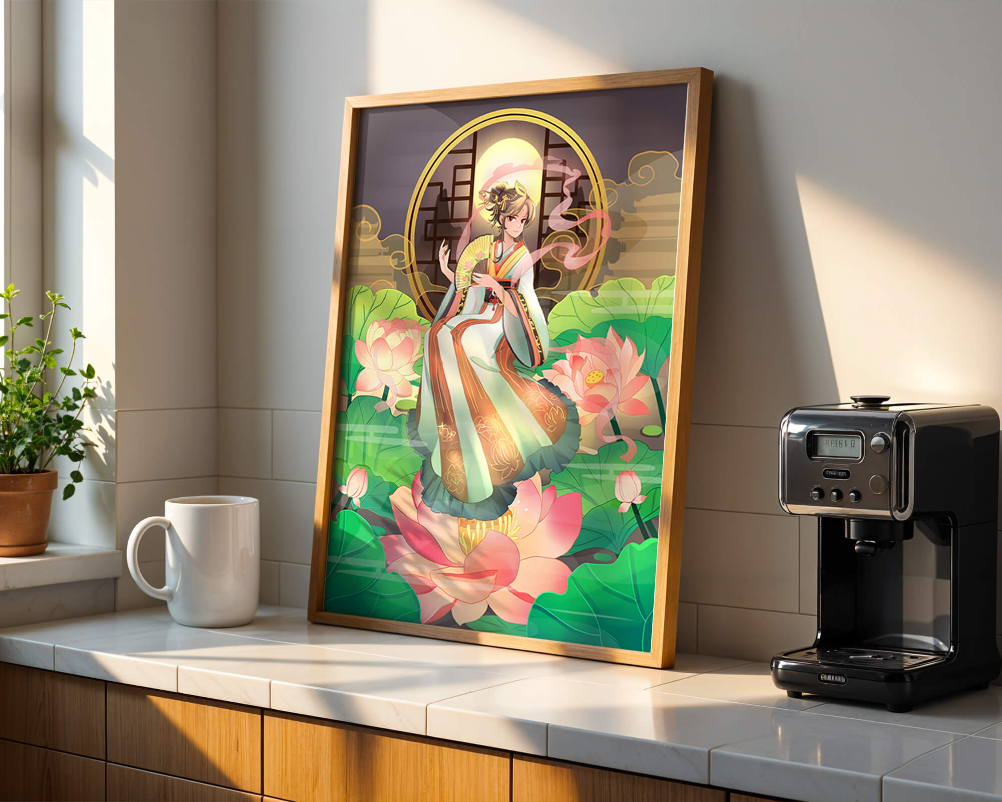 Elegant woman in traditional attire amidst lotus flowers with mountainous background
