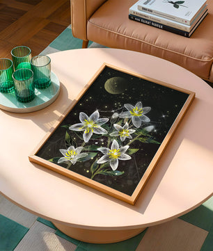 Floral Night Scene with Luminous Flowers and Golden Moon