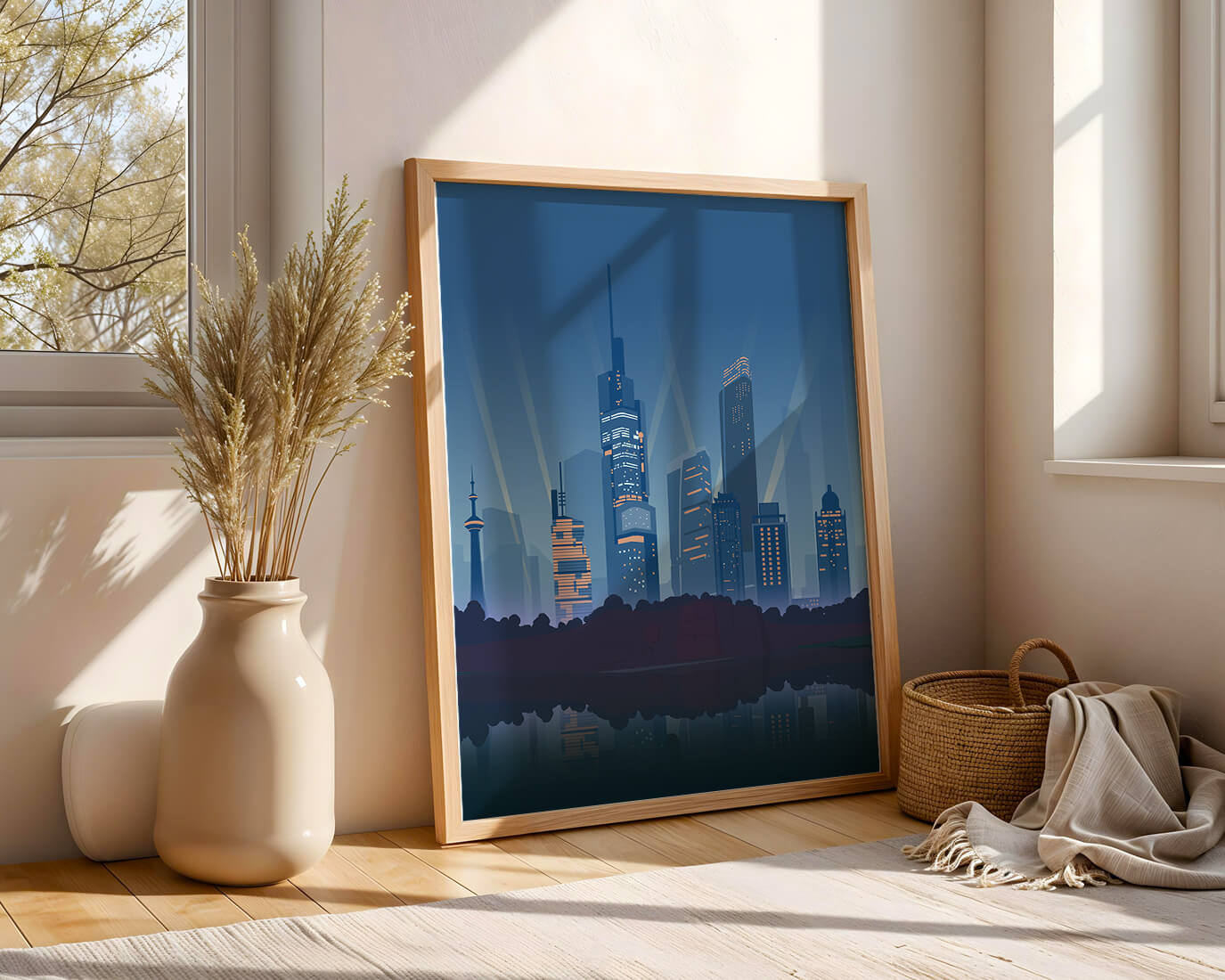 Modern cityscape with illuminated skyscrapers reflecting on water