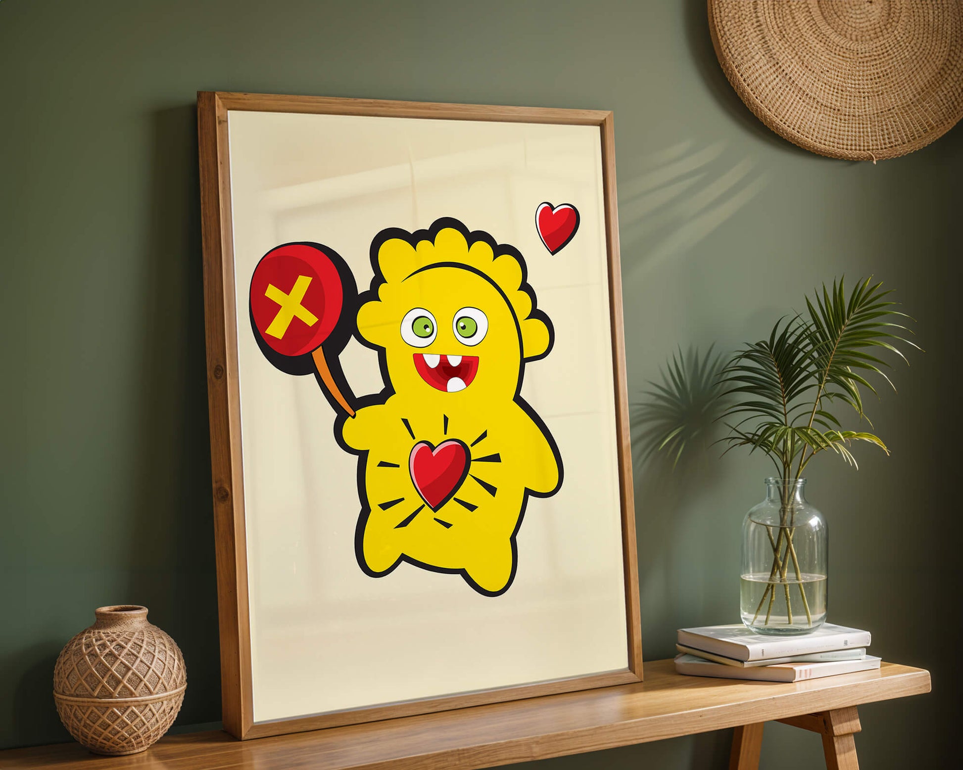 Colorful cartoon character with heart and playful design
