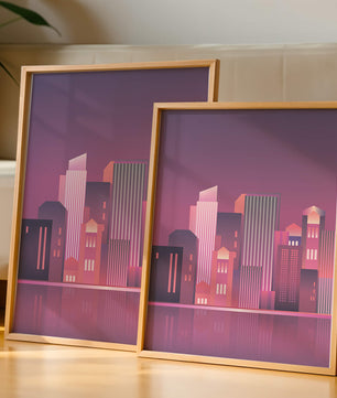 Modern Abstract Cityscape at Sunset with Reflective Water - Mi tienda