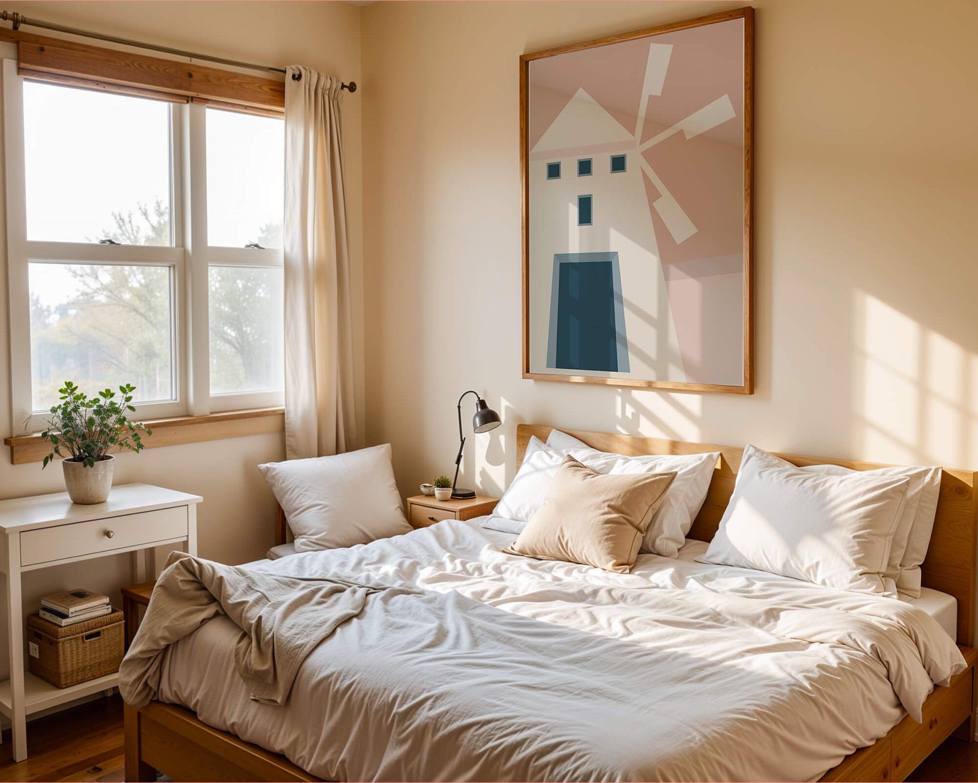 Minimalist geometric house illustration on pastel background