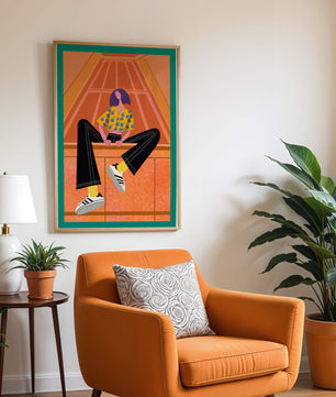Stylish woman sitting in a vibrant geometric setting