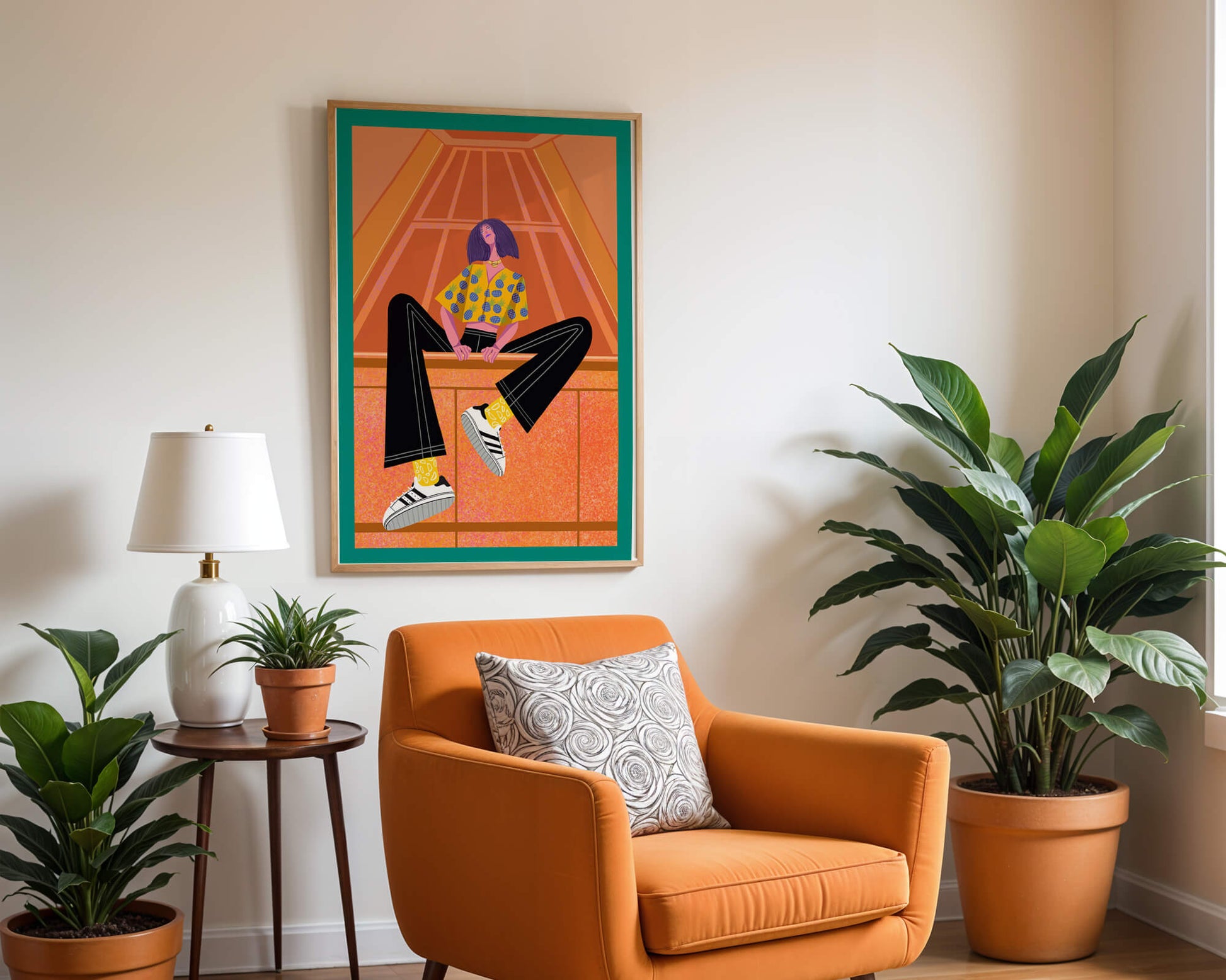 Stylish woman sitting in a vibrant geometric setting
