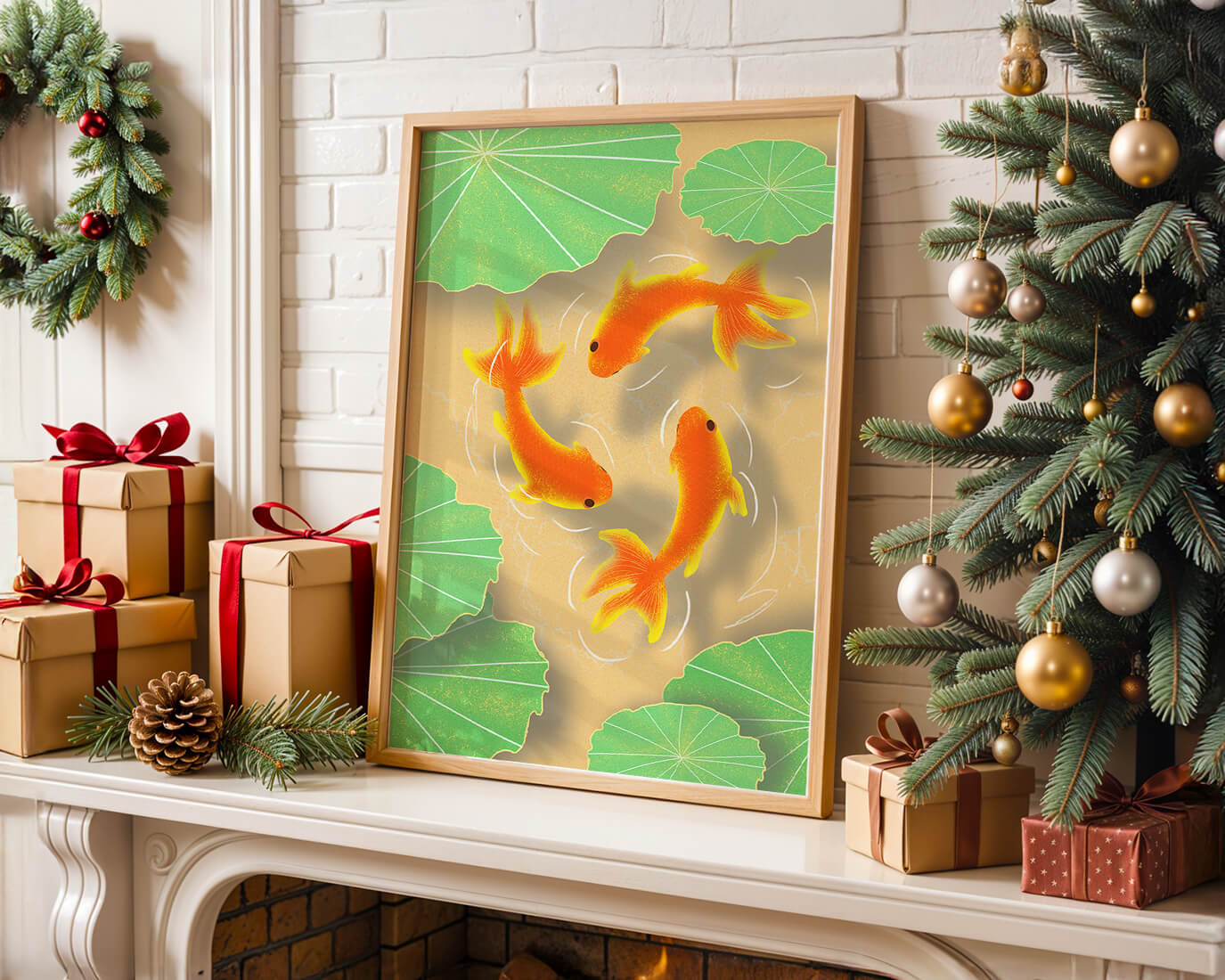 Tranquil pond scene with koi fish and lily pads