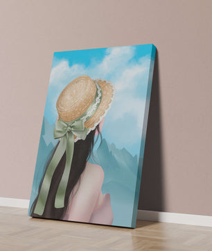 Woman with straw hat and mountain view under blue sky