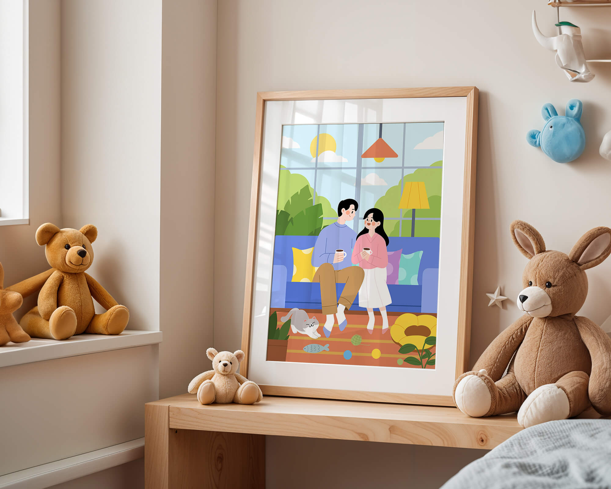 Cozy living room scene with couple and playful cat