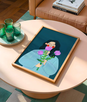 Illustration of a woman with purple flowers on a teal background