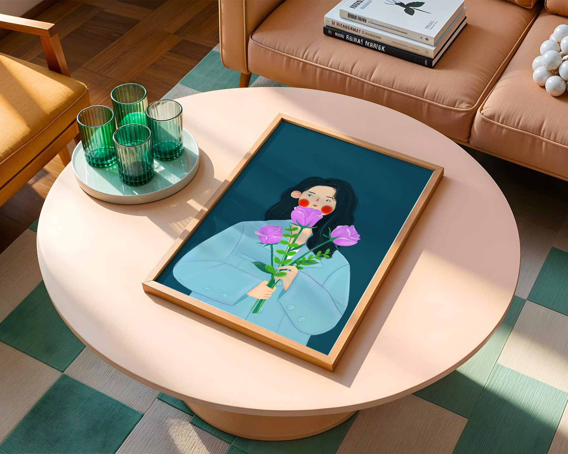 Illustration of a woman with purple flowers on a teal background