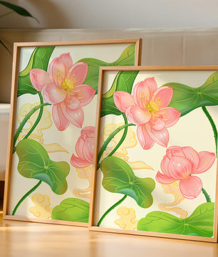 Illustration of pink lotus flowers with green leaves on a pastel background