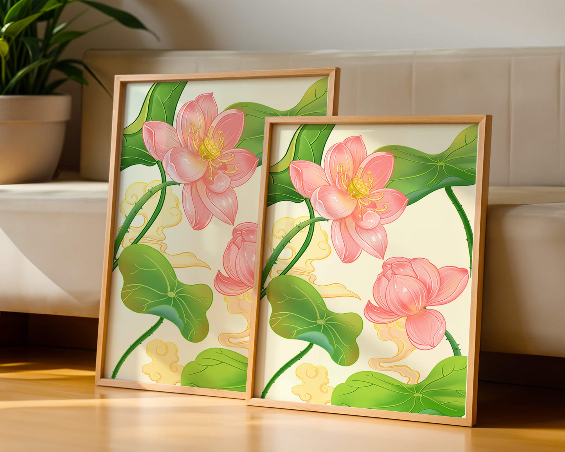 Illustration of pink lotus flowers with green leaves on a pastel background