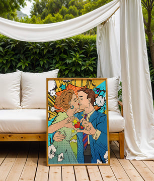 Ilustración de estilo pop art romántico de una pareja besándose con elementos cómicos