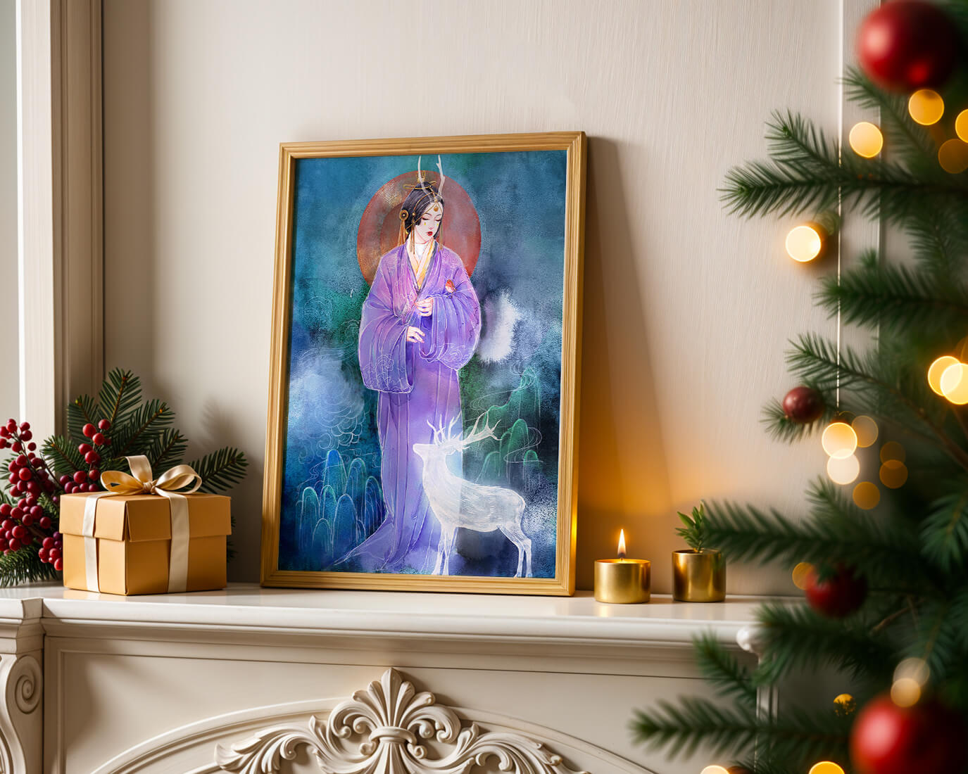 Elegant woman in traditional attire with a mystical deer set against a serene backdrop