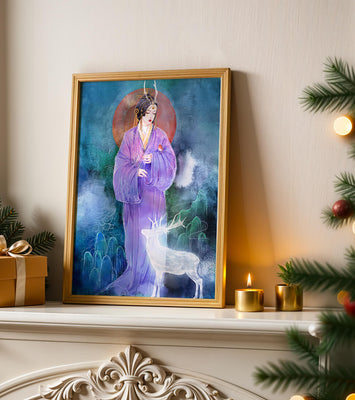 Elegant woman in traditional attire with a mystical deer set against a serene backdrop