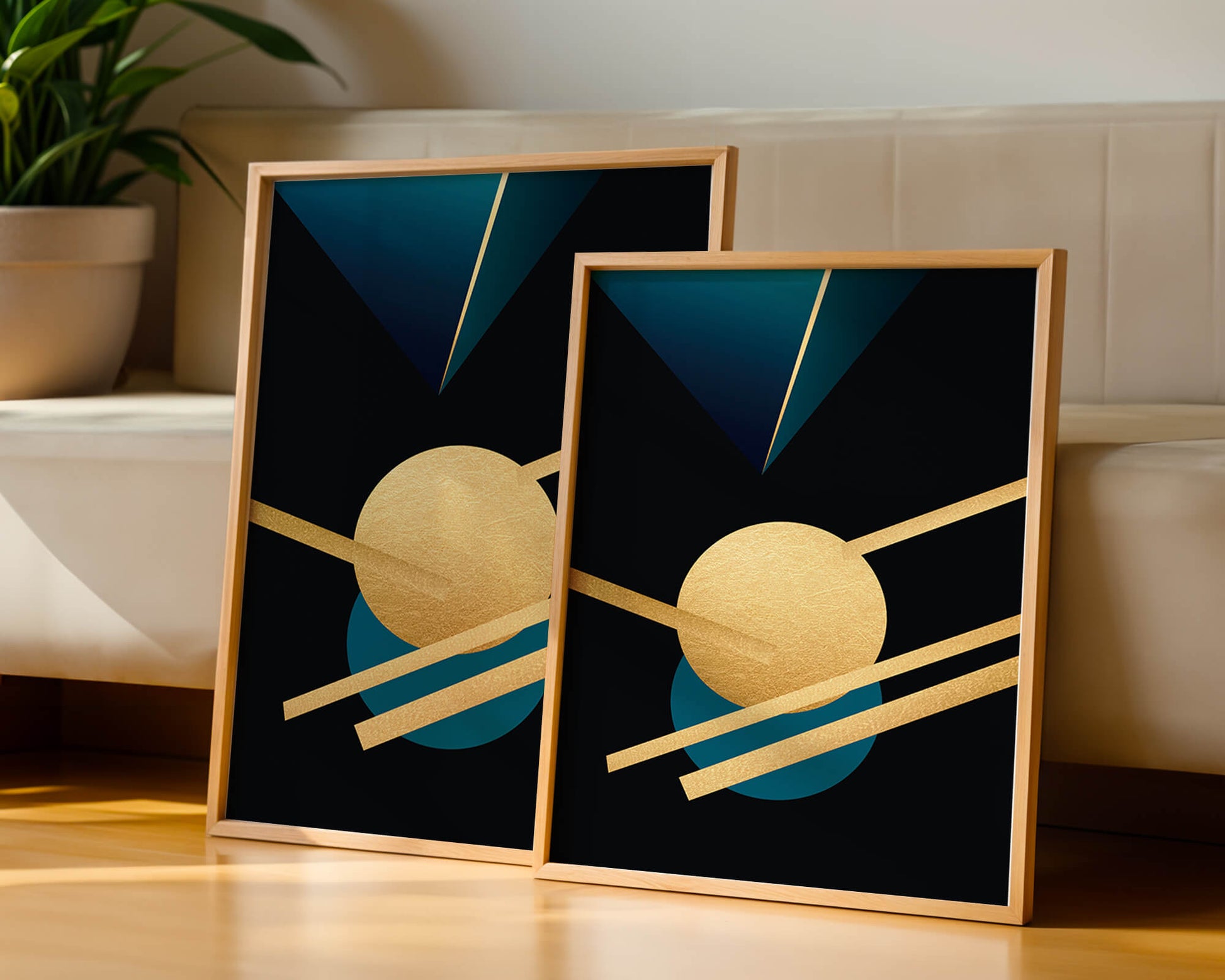 Abstract Geometric Composition with Gold and Blue Elements