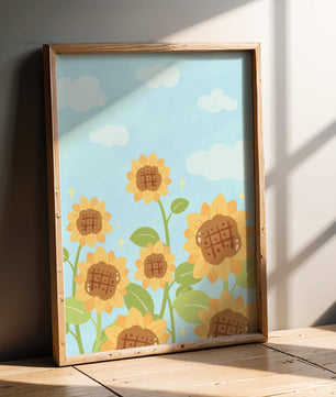 Sunflowers Under Blue Sky with Floating Clouds