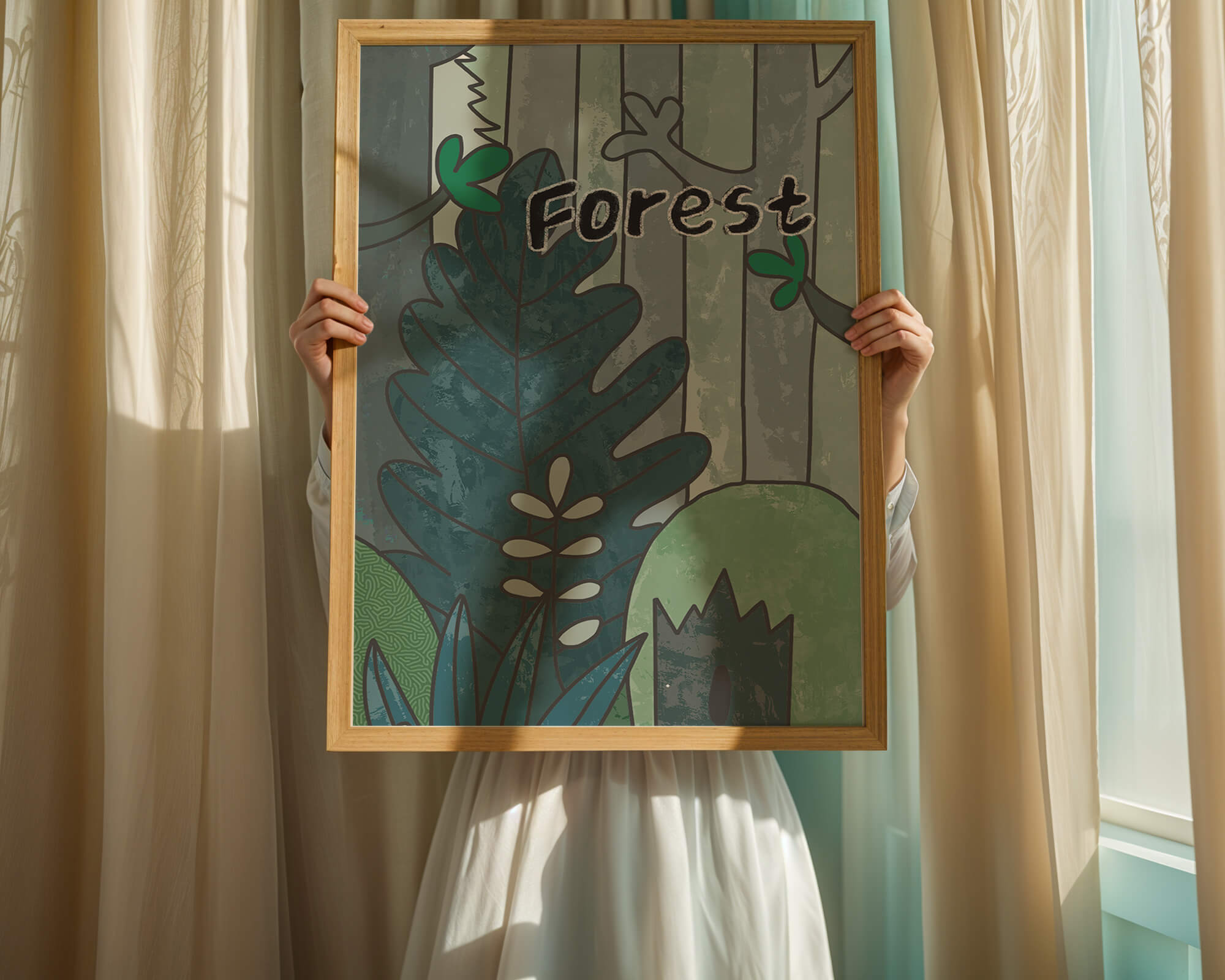 Illustrated forest scene with foliage and text