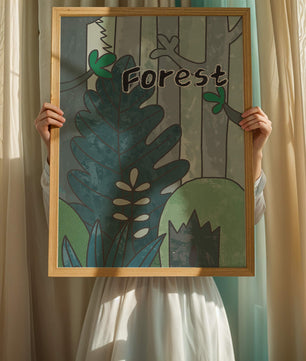 Illustrated forest scene with foliage and text