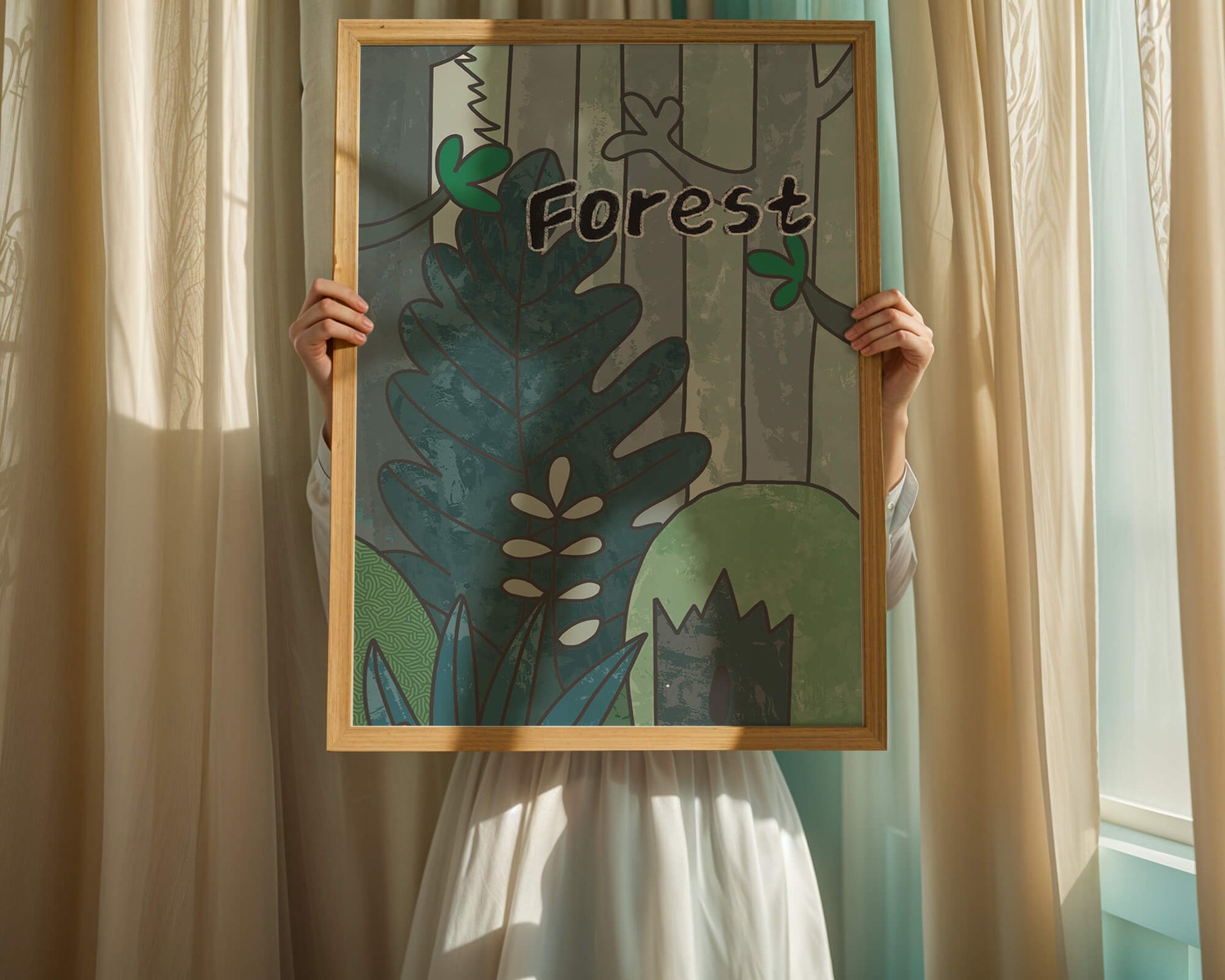 Illustrated forest scene with foliage and text