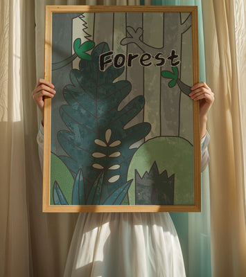 Illustrated forest scene with foliage and text