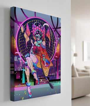 Personaje futurista con atuendo tradicional asiático y telón de fondo de ciudad neón