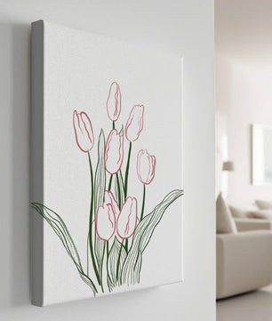 Wunderschöne rosa Tulpen mit grünen Blättern auf einer minimalistischen Leinwand