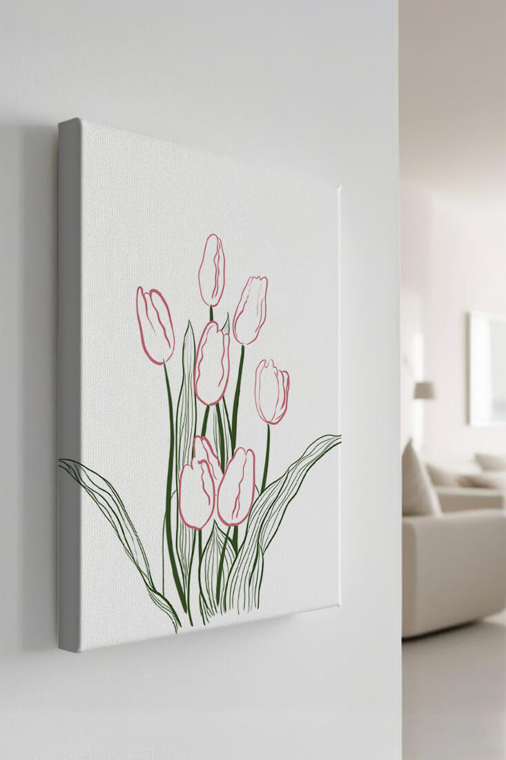 Wunderschöne rosa Tulpen mit grünen Blättern auf einer minimalistischen Leinwand