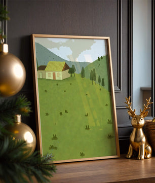 Charming countryside landscape with house and green hills