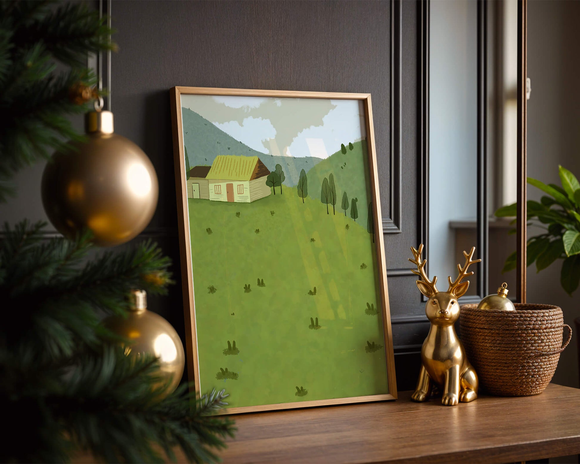 Charming countryside landscape with house and green hills