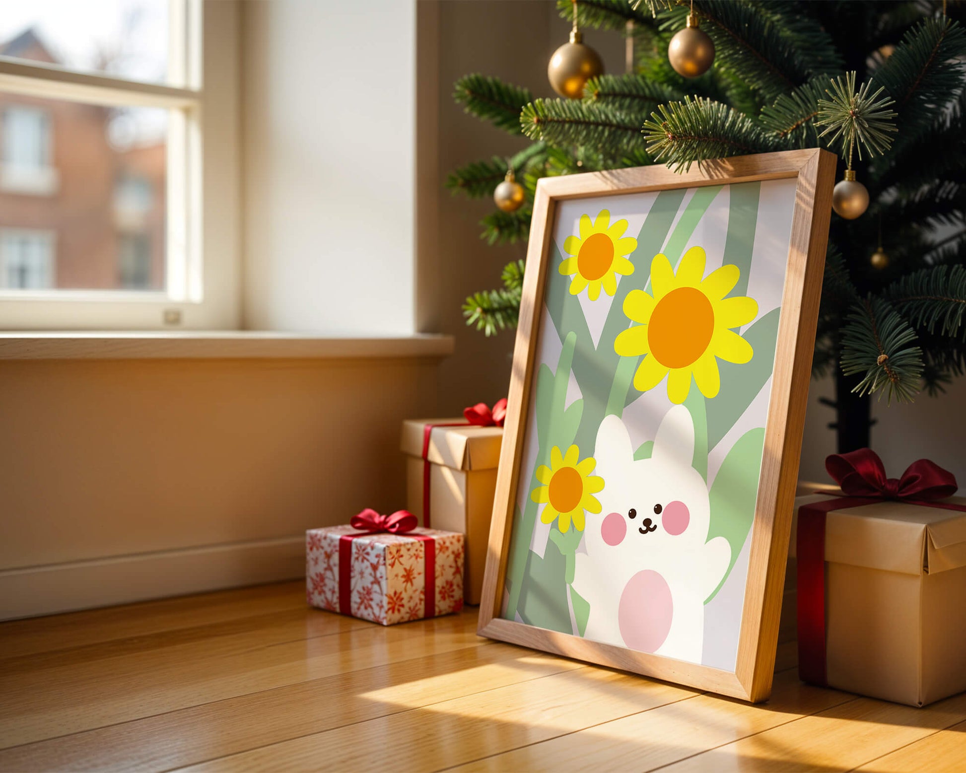 Adorable bunny with vibrant flowers cartoon illustration