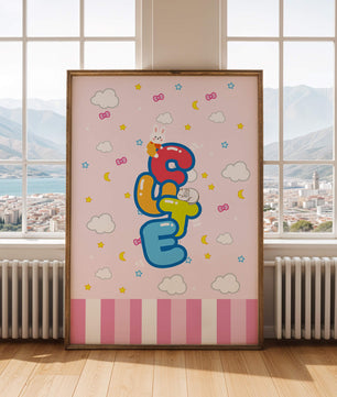 Playful pastel illustration with cute characters and clouds