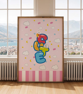 Playful pastel illustration with cute characters and clouds