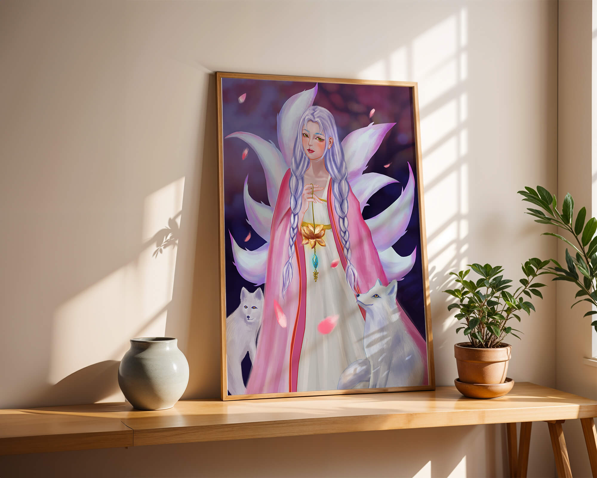 Fantasy art of ethereal figure with foxes and petals