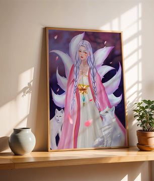 Fantasy art of ethereal figure with foxes and petals