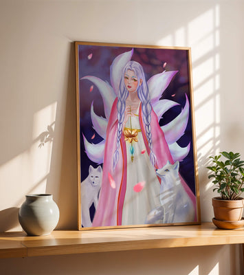 Fantasy art of ethereal figure with foxes and petals