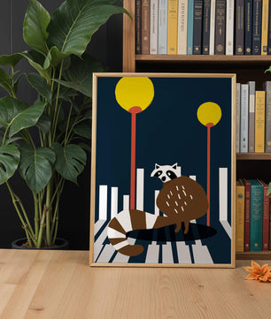 Raccoon Illustration with Urban Street Lamps and Geometric Design