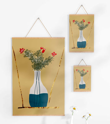 Vase with Red Flowers and Golden Accents