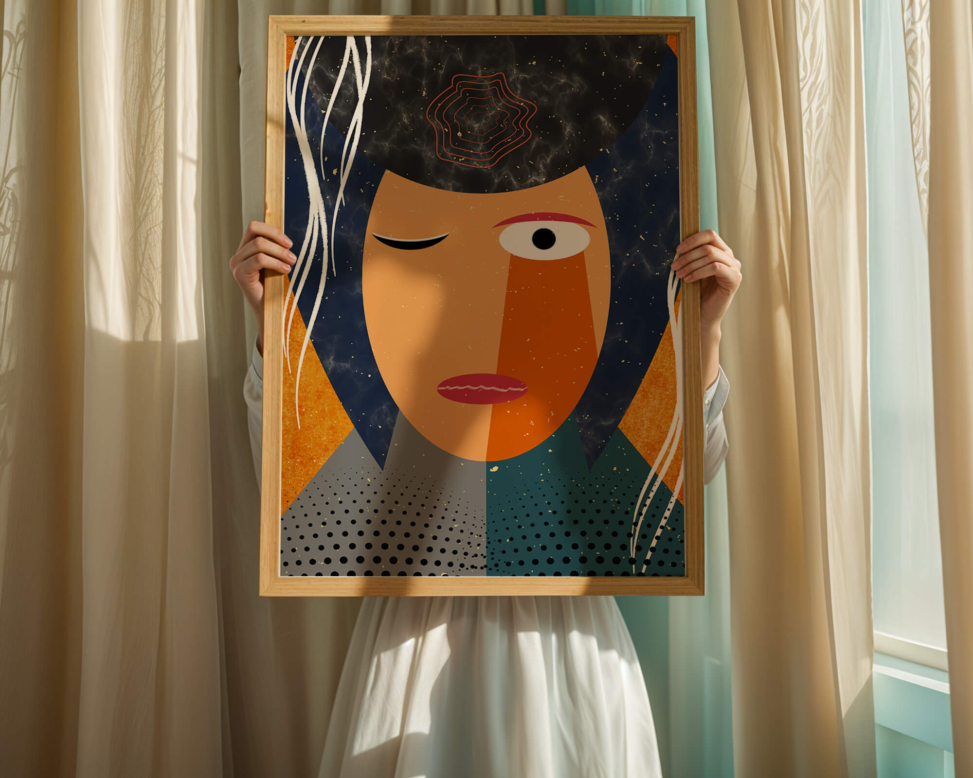 Abstract geometric portrait featuring vibrant colors and textures