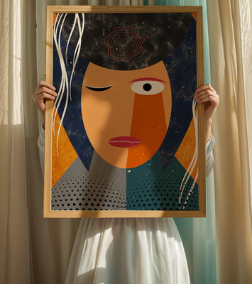 Abstract geometric portrait featuring vibrant colors and textures
