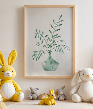 Illustration minimaliste à l’aquarelle de feuilles vertes dans un vase en verre
