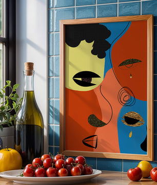 Abstract faces with vibrant colors and gold accents