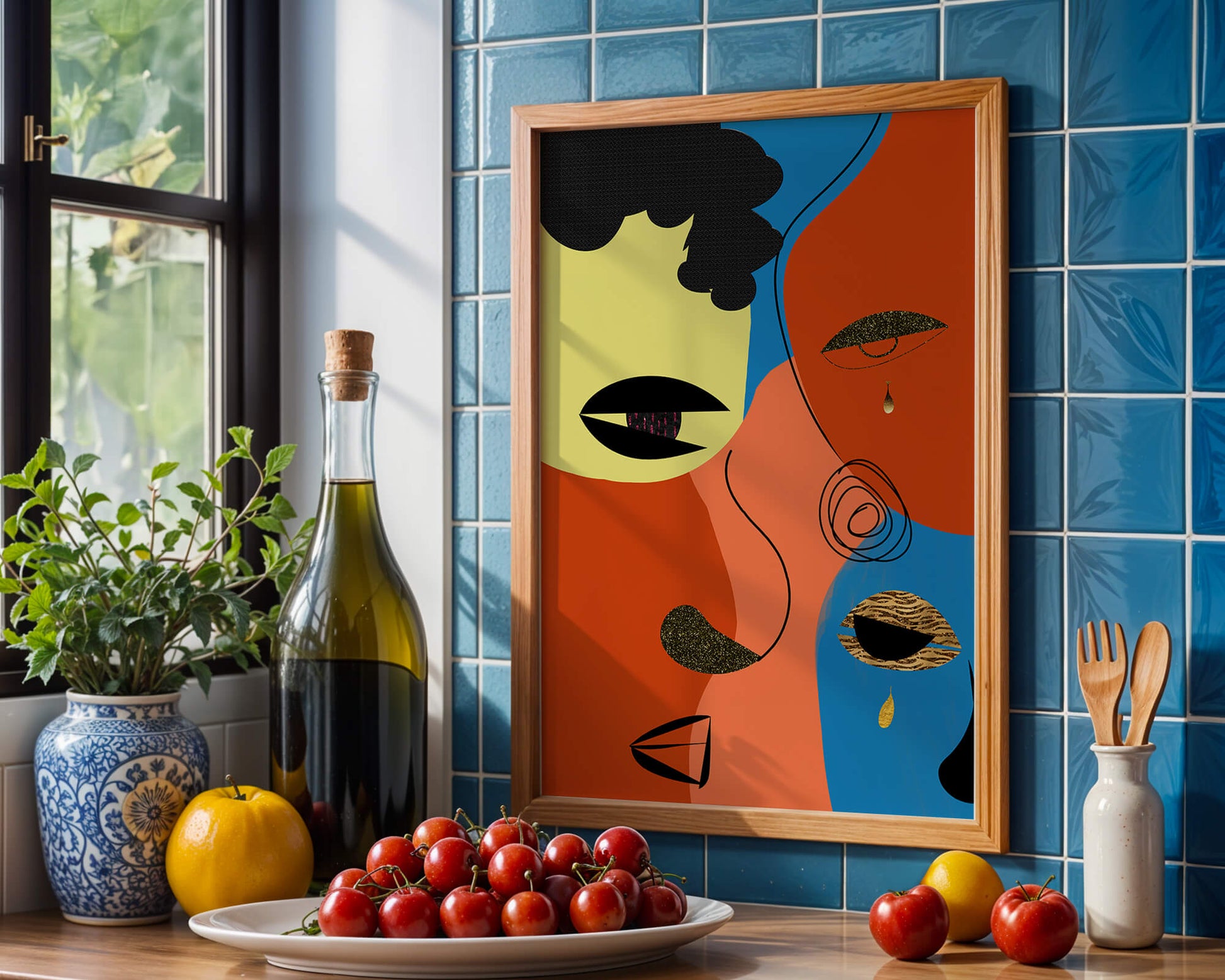 Abstract faces with vibrant colors and gold accents