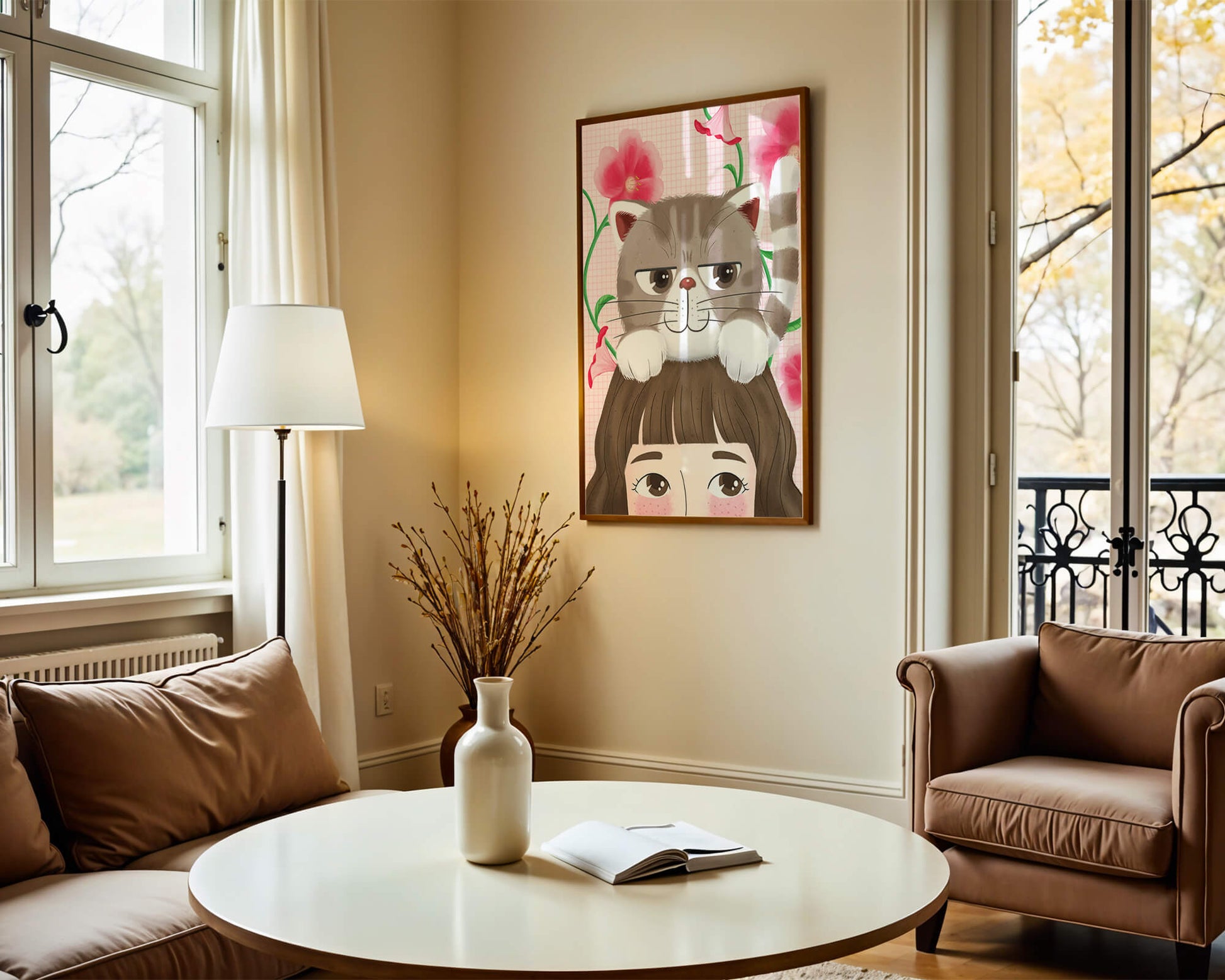 Illustration of a cat sitting on a person's head with pink flowers
