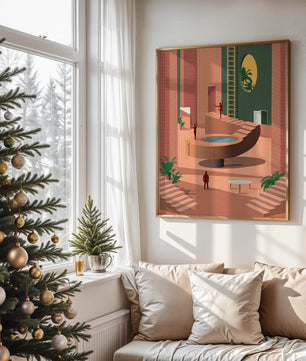 Modernes architektonisches Interieur mit geometrischem Design und Grün