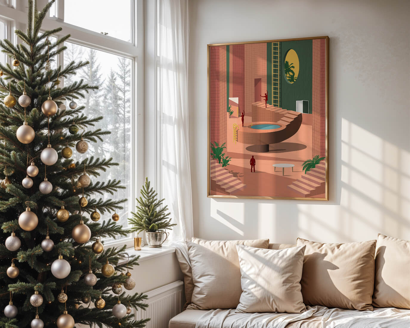 Modern architectural interior with geometric design and greenery