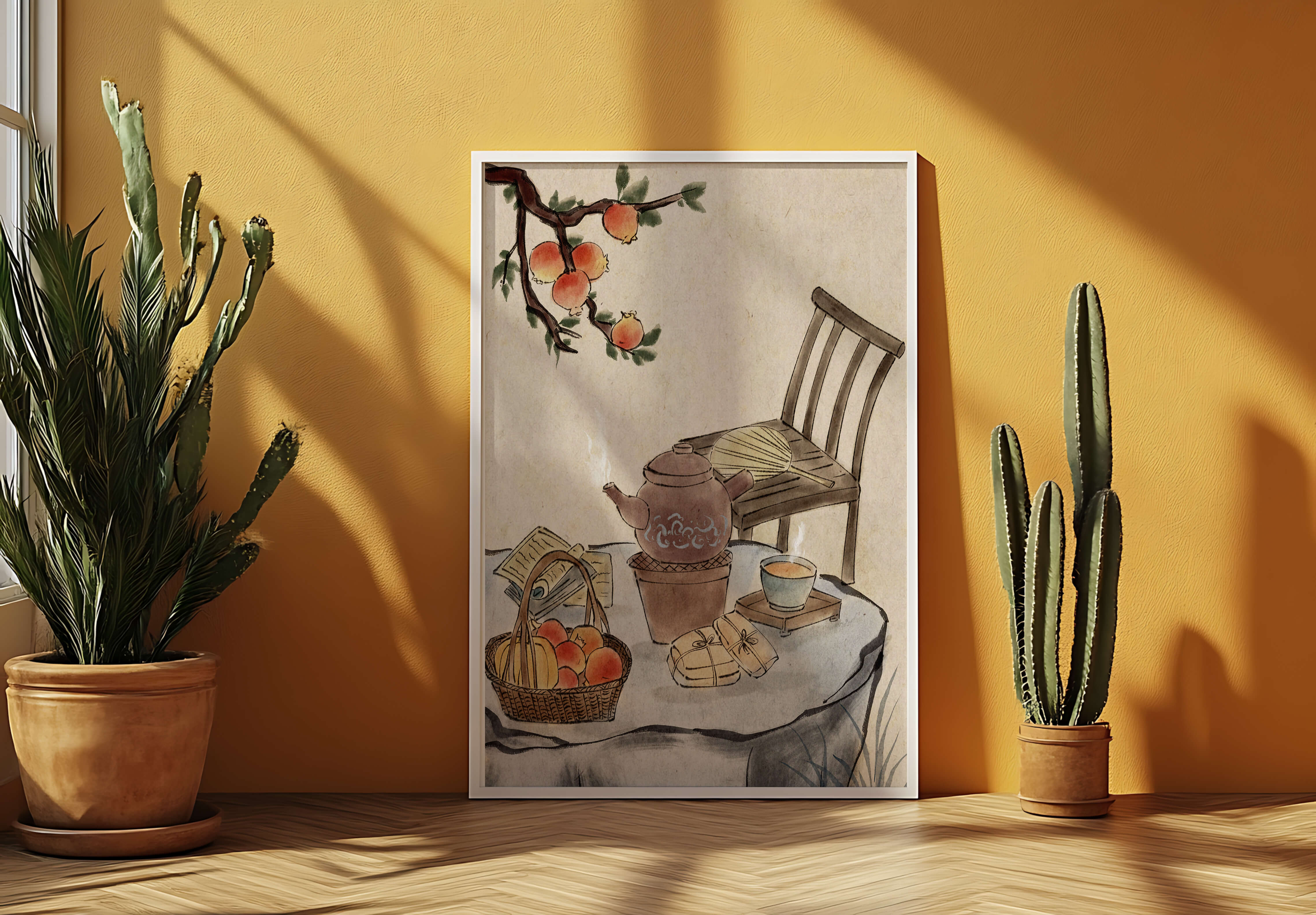 Watercolor painting of tea time setting with fruits and wooden chair