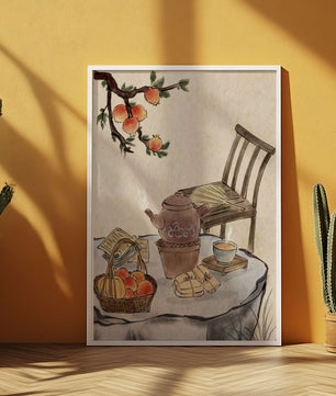 Peinture à l’aquarelle d’un moment de dégustation de thé avec des fruits et une chaise en bois